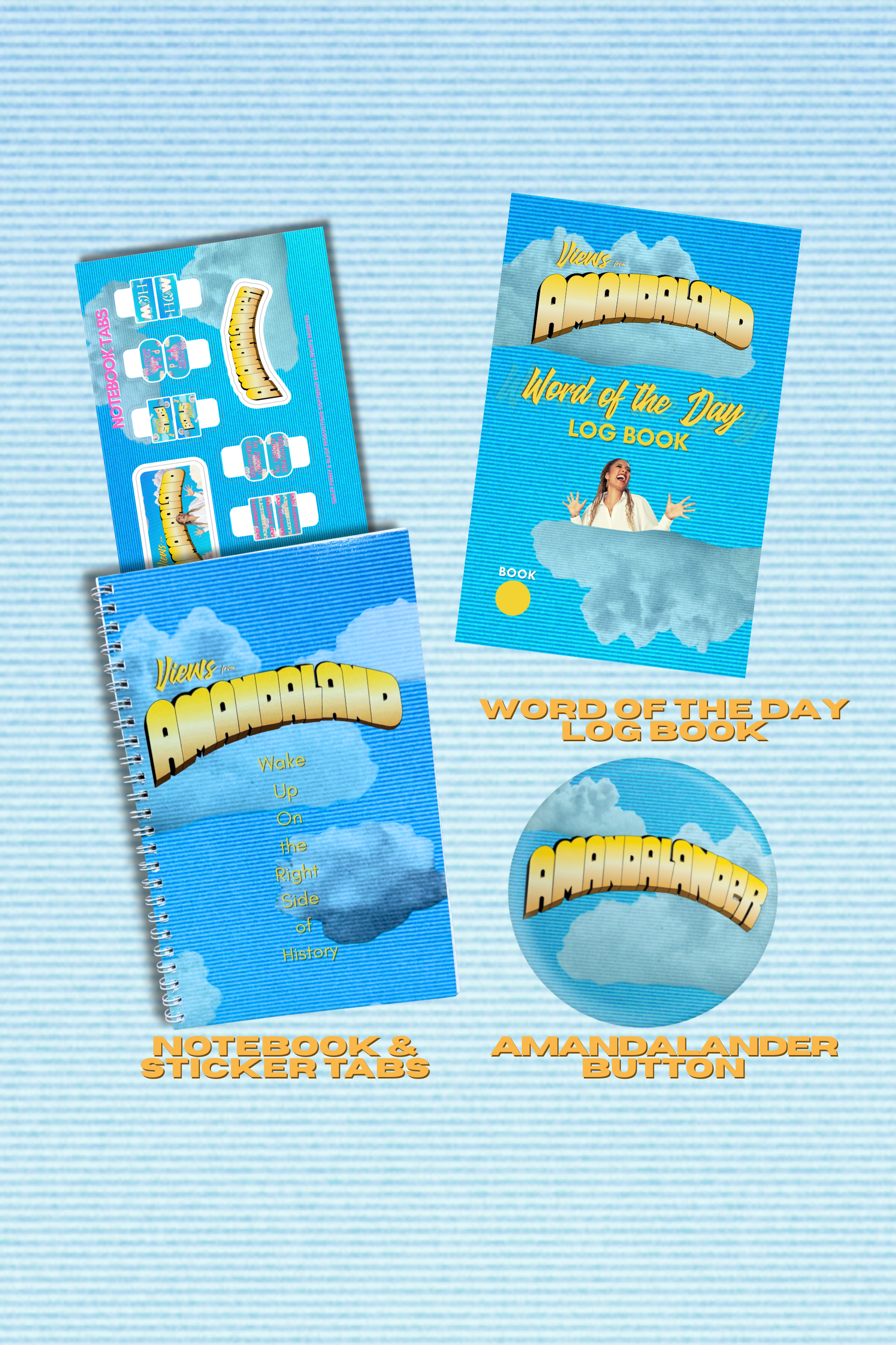 AMANDALAND BONUS BUNDLE: Word of the Day Log/ Notebook + Tabs Sticker Sheet/ AmandaLander Button